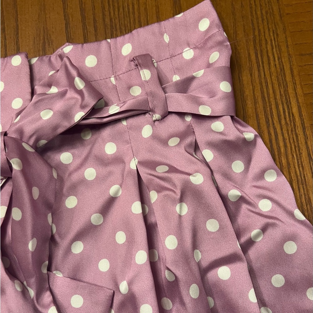 ZARA Lilac & White Polka Dot High Waisted Flowy Satin Belted Paperbag Shorts XS - Picture 10 of 16